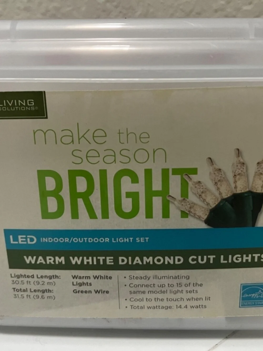 Living Solutions 150 LED Warm White Diamond Cut Lights 30.5ft indoor/outdoor